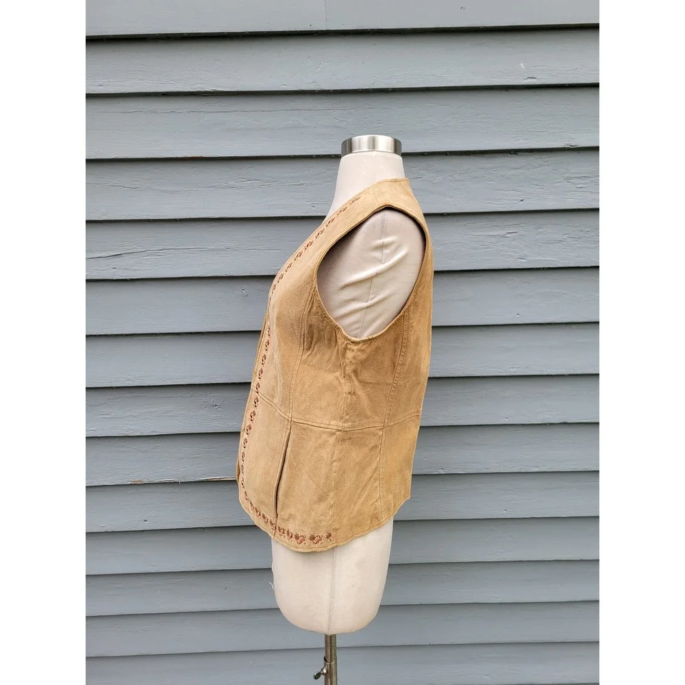Vintage Outbrook Vest Camel Tan‎ Suede Leather Floral Embroidered Western M 8/10